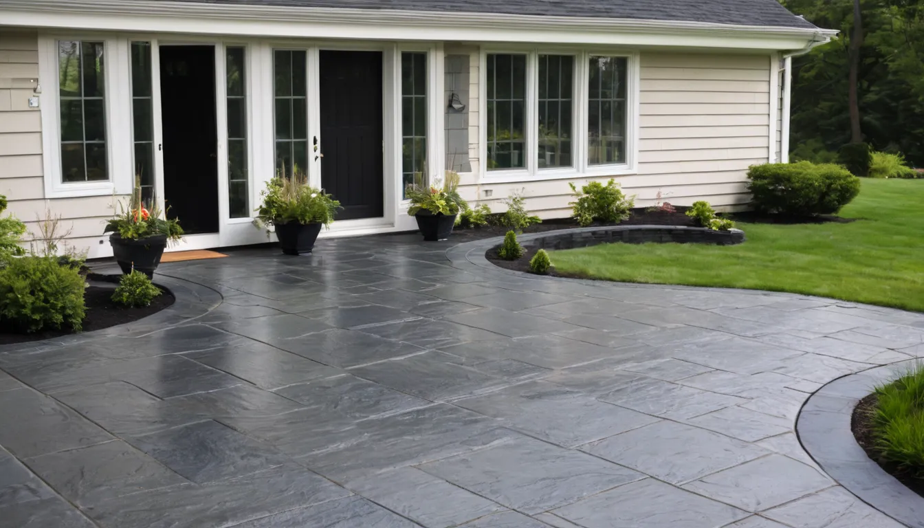 Newly finished stamped concrete patio with a slate pattern behind a house in Glassboro